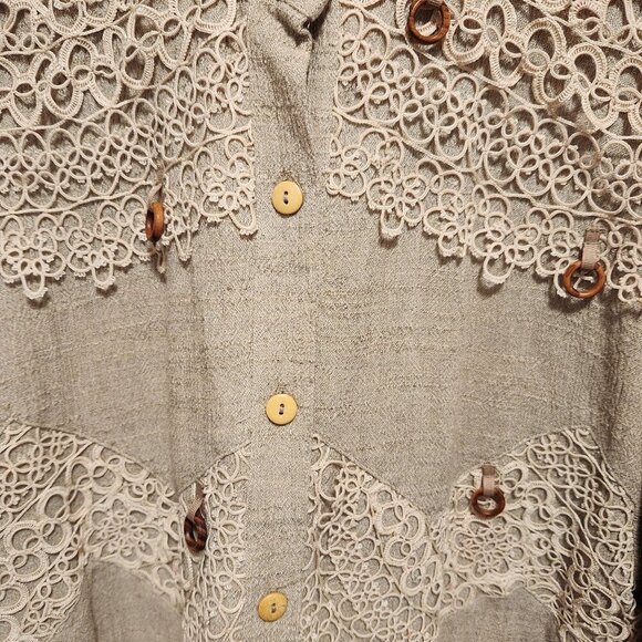 Vintage Lim's Women's OS Fits All Tan Blouse Crochet Lace Button Down Cotton USA - Picture 4 of 11